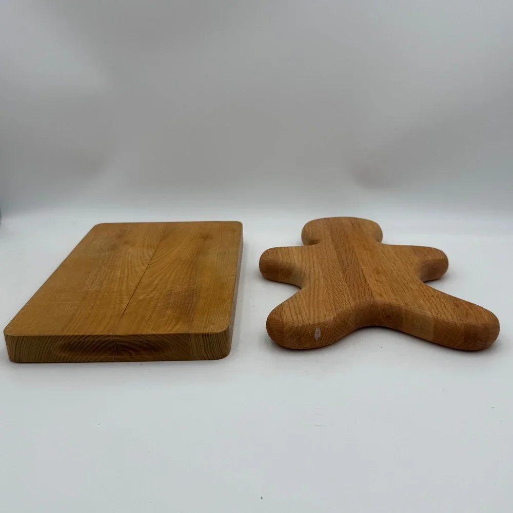 Vintage Oak Wood Cutting Board Set Gingerbread Man Holiday Charcuterie 2pc
